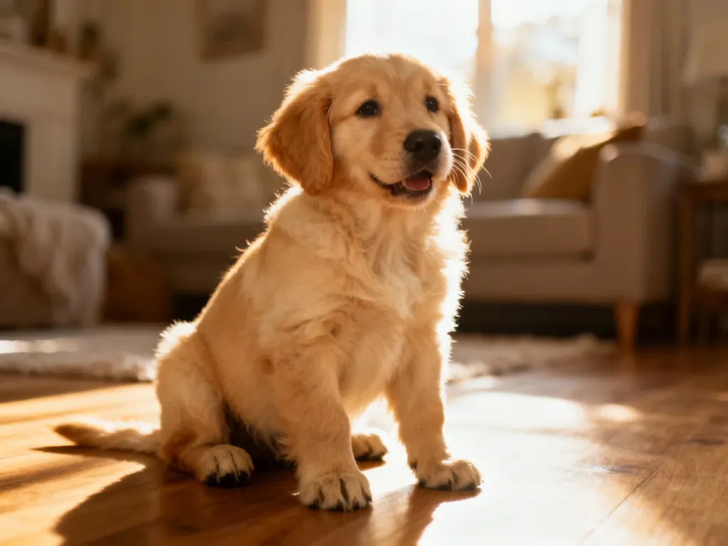 Mały szczeniak golden retrievera siedzący na drewnianej podłodze w ciepłym, domowym oświetleniu.
