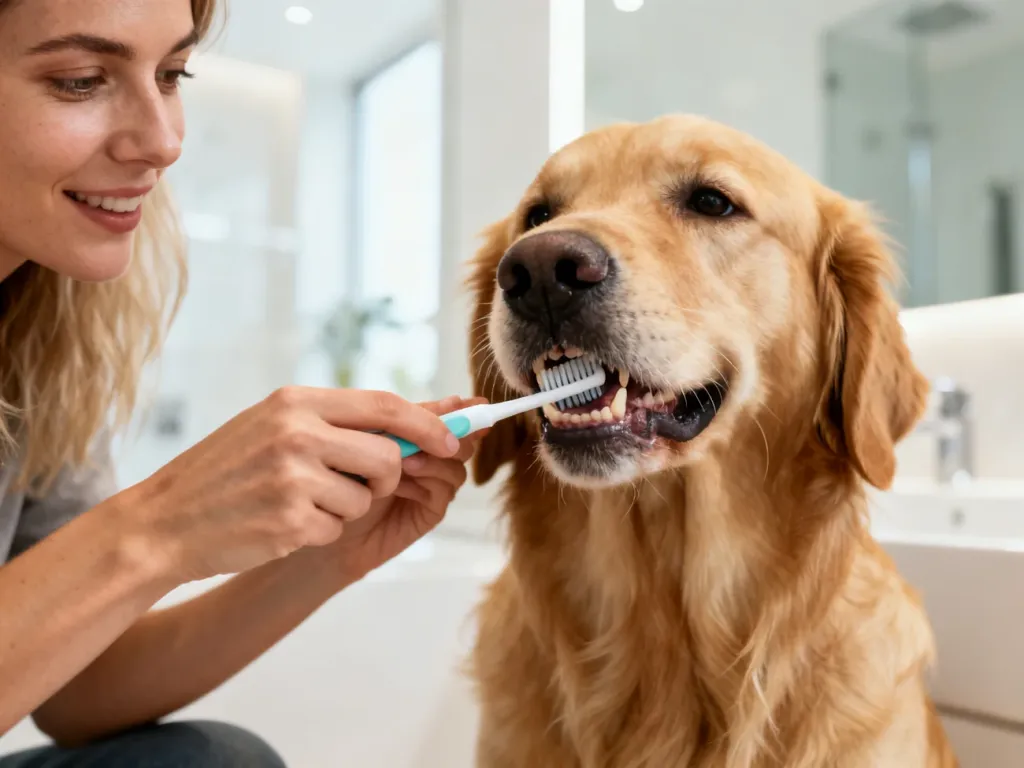 Właścicielka delikatnie myje zęby spokojnemu golden retrieverowi przy użyciu specjalnej szczoteczki dla psa.