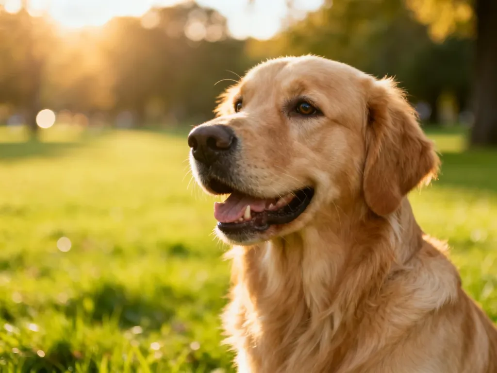Szczęśliwy pies rasy retriever siedzący na zielonej trawie w słoneczny dzień.