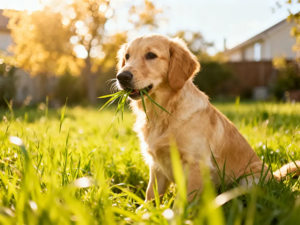 Golden retriever siedzący na zielonej łące i podgryzający świeżą trawę w słoneczny dzień.