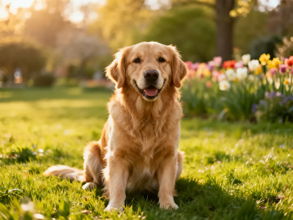 Szczęśliwy Golden Retriever siedzący na zielonej trawie w słonecznym parku.