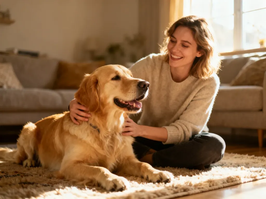 Kobieta głaszcząca szczęśliwego Golden Retrievera w przytulnym salonie, podkreślająca więź między psem a właścicielem.
