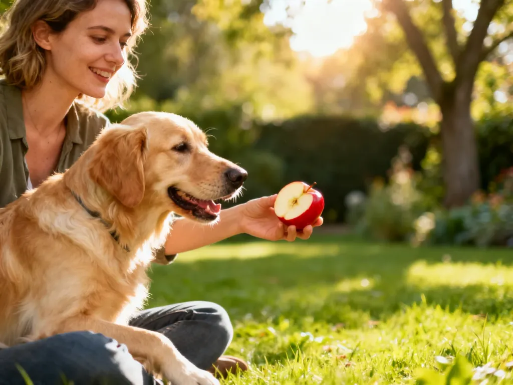 Kobieta karmiąca golden retrievera kawałkiem jabłka na trawniku w słonecznym parku.