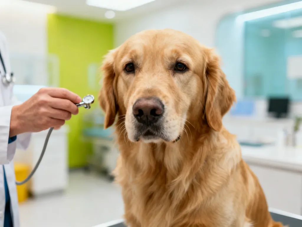 Złocisty retriever spokojnie siedzący w gabinecie weterynaryjnym podczas wizyty kontrolnej.