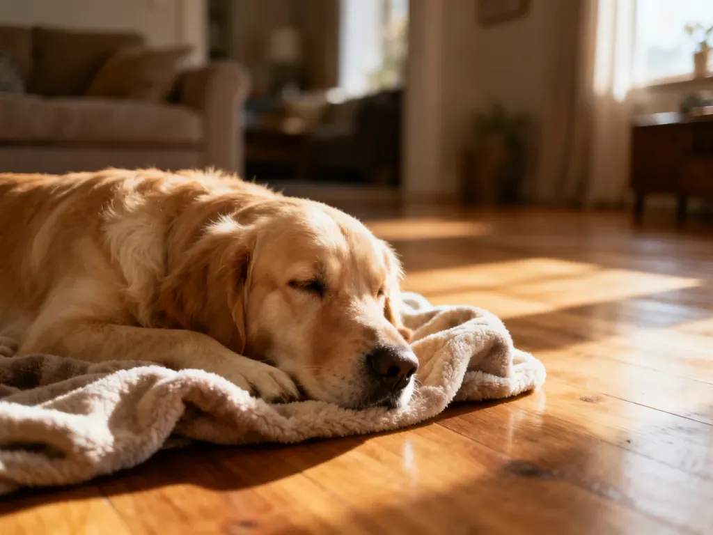 Spokojny Golden Retriever odpoczywający na kocu w przytulnym salonie, symbolizujący komfort i opiekę nad chorym psem.