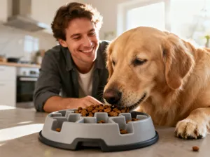 Kobieta karmiąca golden retrievera kawałkiem jabłka na trawniku w słonecznym parku.